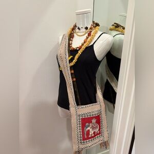 Embroidered Beige and Red Crossbody Bag